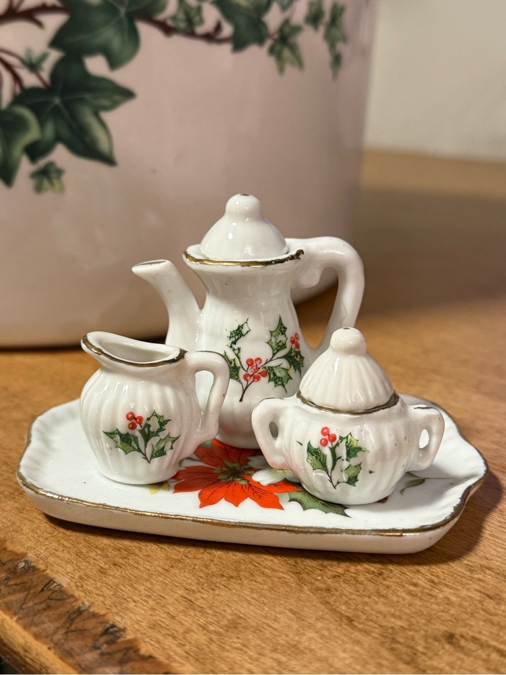 Vintage Christmas Miniature Ceramic Tea Set - White with Holly Motif